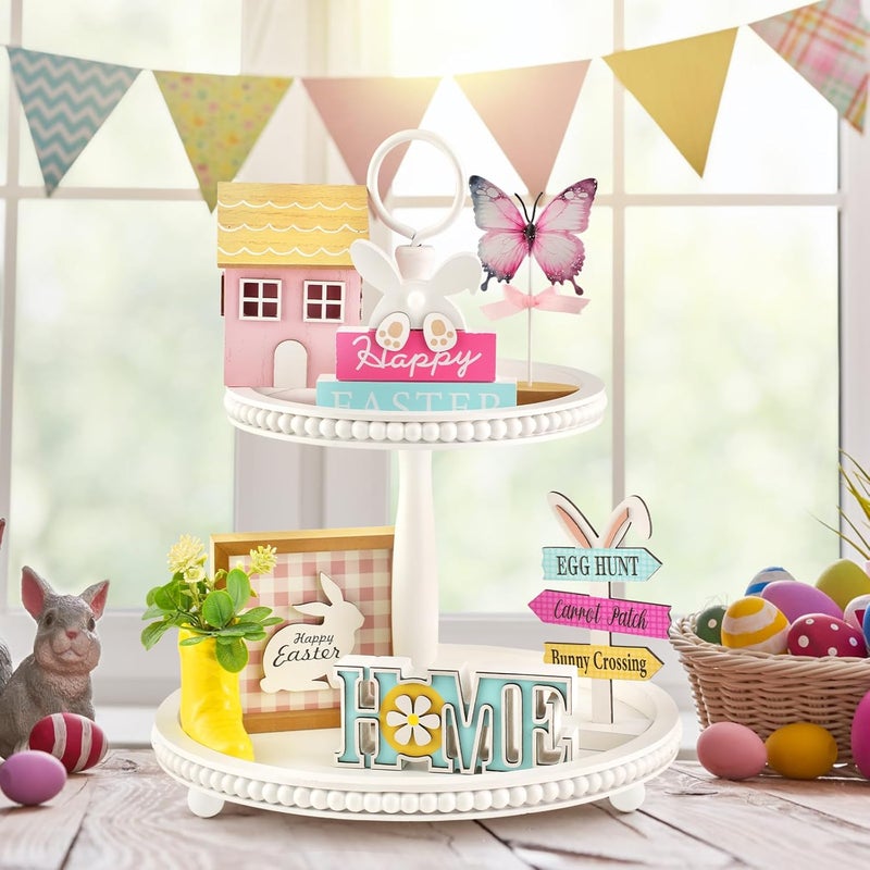 SYNCVIBE Spring Decorations, 8 Pieces Easter Spring Tiered Tray Decor, Home Office Table Shelf Decor Gifts, Tray Objects Decoration Bundle Bunny Bead Garland Wood Plaques Signs Decorative Ornament Set - Image 2